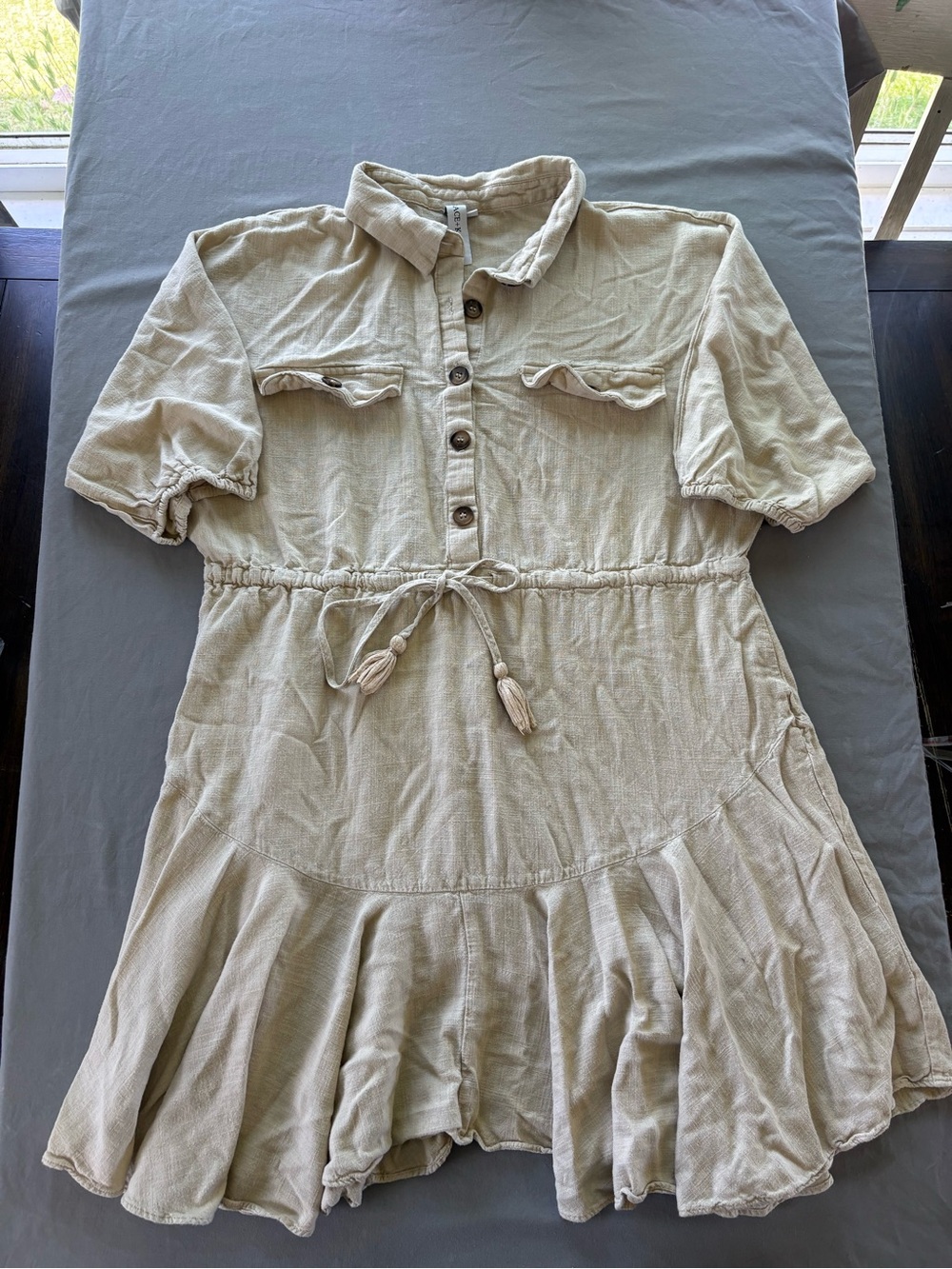 Tassel Drawstring Mini Shirt Dress in Beige